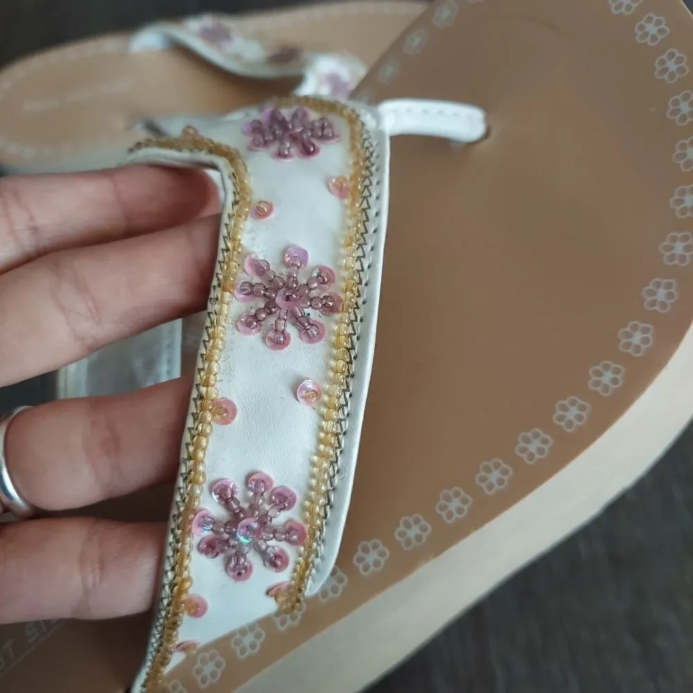 Lower East Side Vintage 90s Tan Floral Beaded Platform Sandal 7.5
